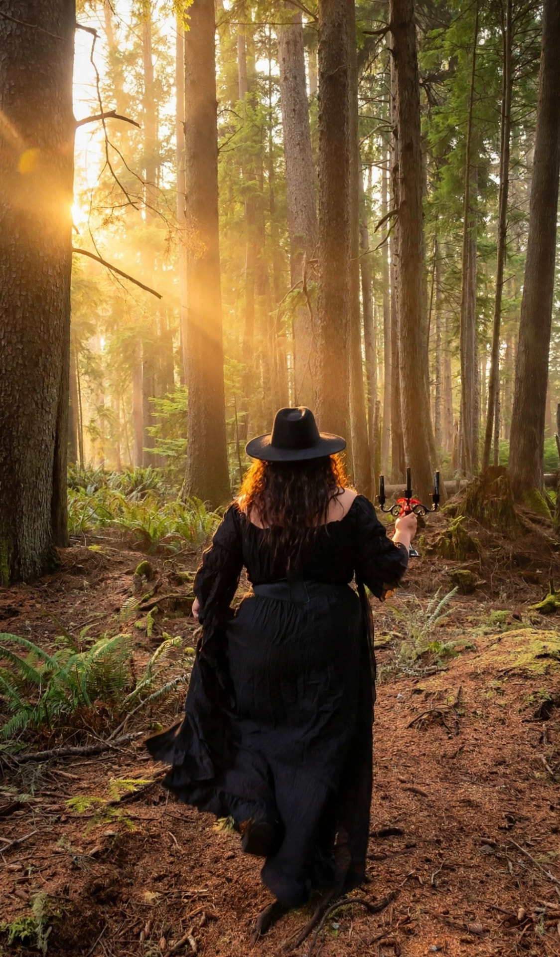 A woman walking down a forest path with a candelabra